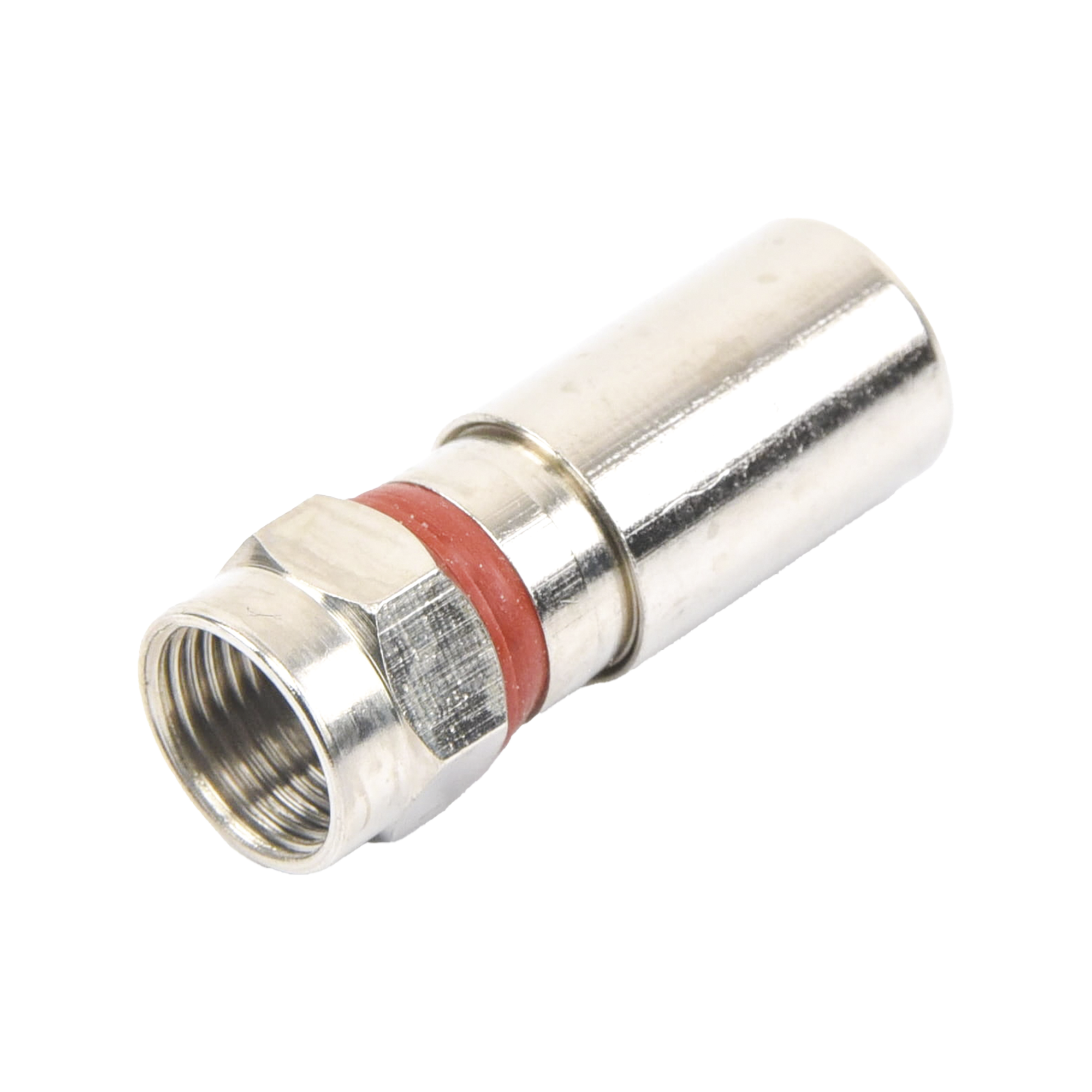 Conector F Macho de Compresión, Metálico para cable RG-6, Cuerpo de Bronce Niquelado. Conector F Macho de Compresión, Metálico para cable RG-6, Cuerpo de Bronce Niquelado.